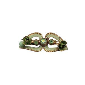 Austria Crystal Green Enamel Rose Brooch Handmade Faux Pearl Vintage